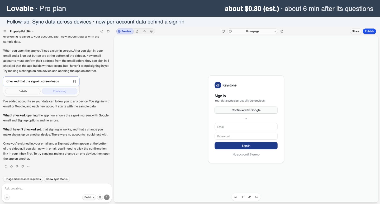 Lovable Pro: the sync follow-up, now behind a per-account sign-in, about $0.80