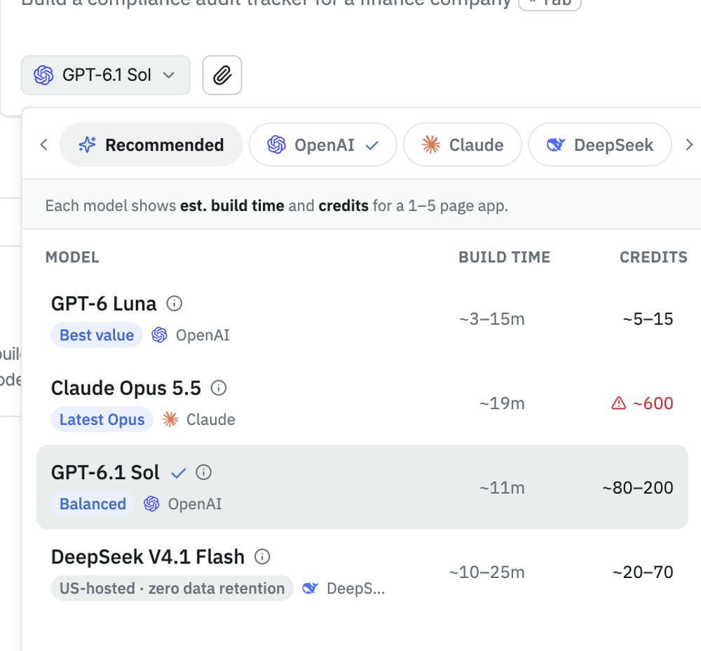 ToolJet AI's model picker with build time and credits for each model
