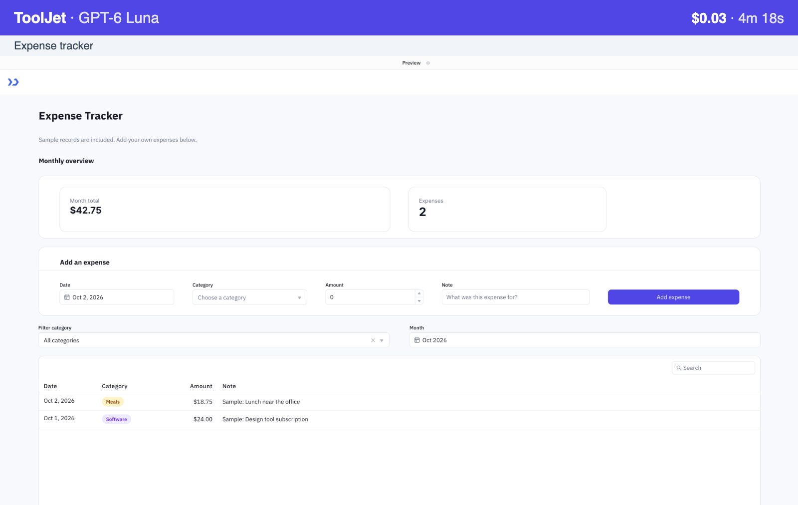 ToolJet, GPT-6 Luna: expense tracker, $0.03, 4m 18s