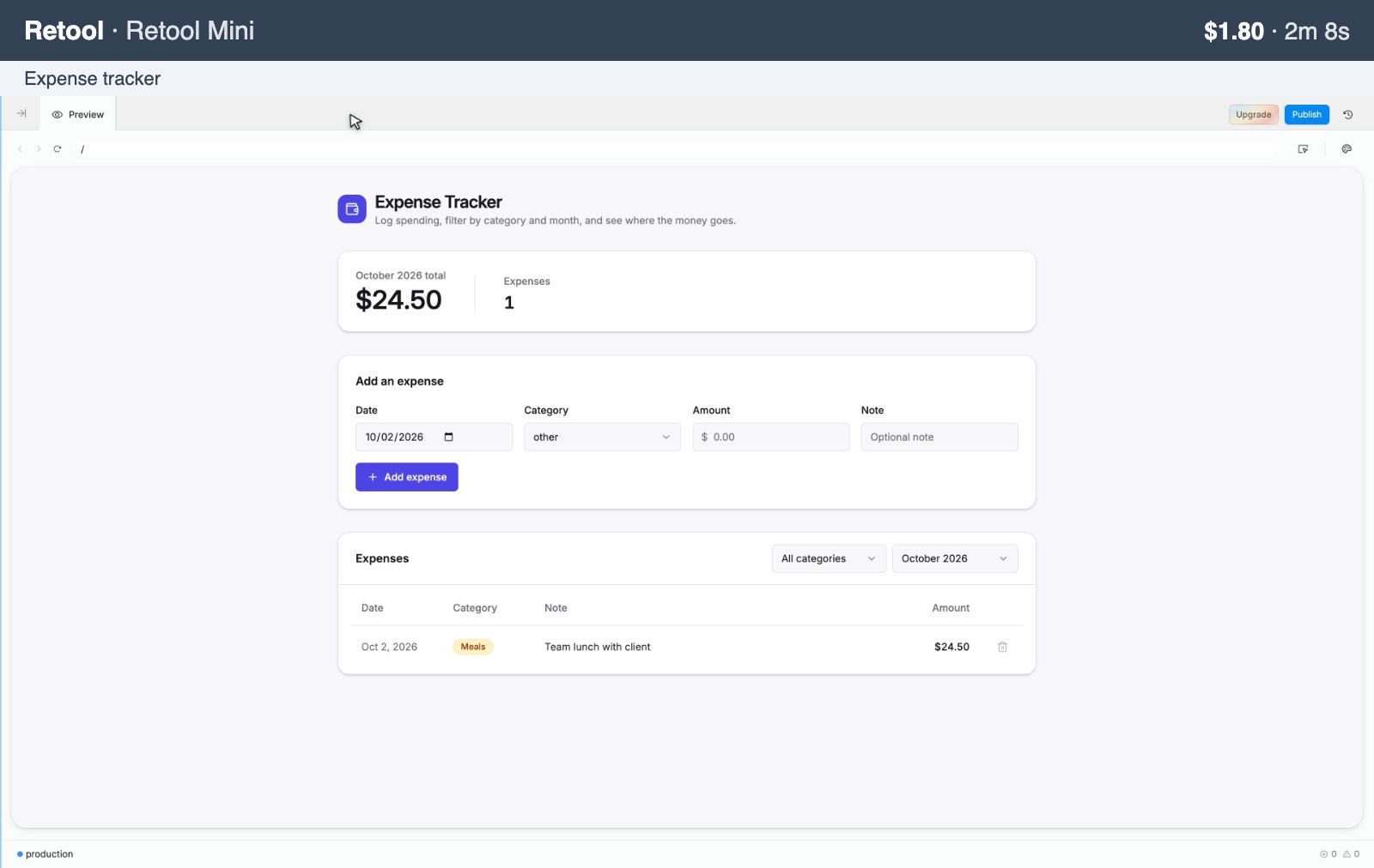 Retool Mini: expense tracker, $1.80, 2m 8s