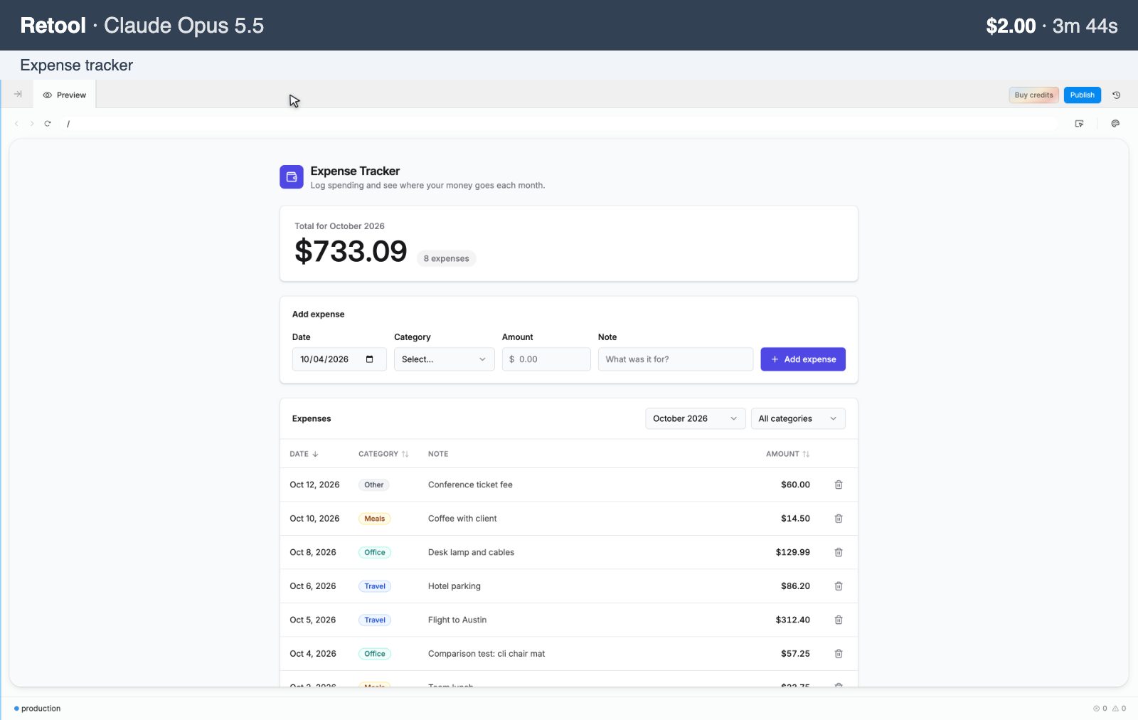 Retool, Claude Opus 5.5: expense tracker, $2.00, 3m 44s