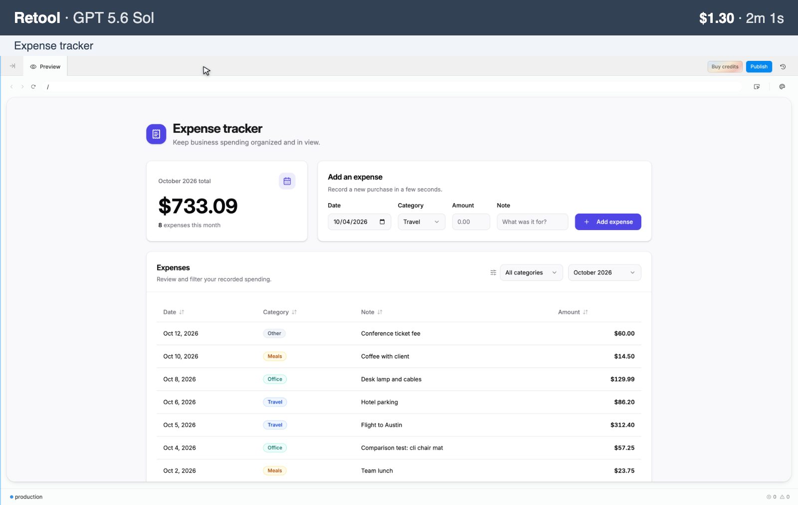 Retool, GPT 5.6 Sol: expense tracker, $1.30, 2m 1s