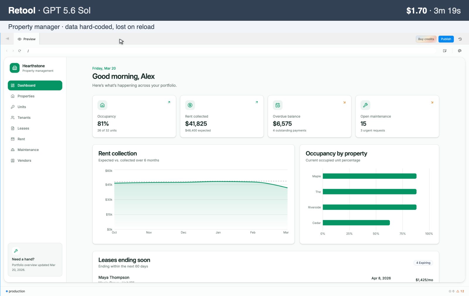 Retool, GPT 5.6 Sol: property manager with hard-coded data, $1.70, 3m 19s
