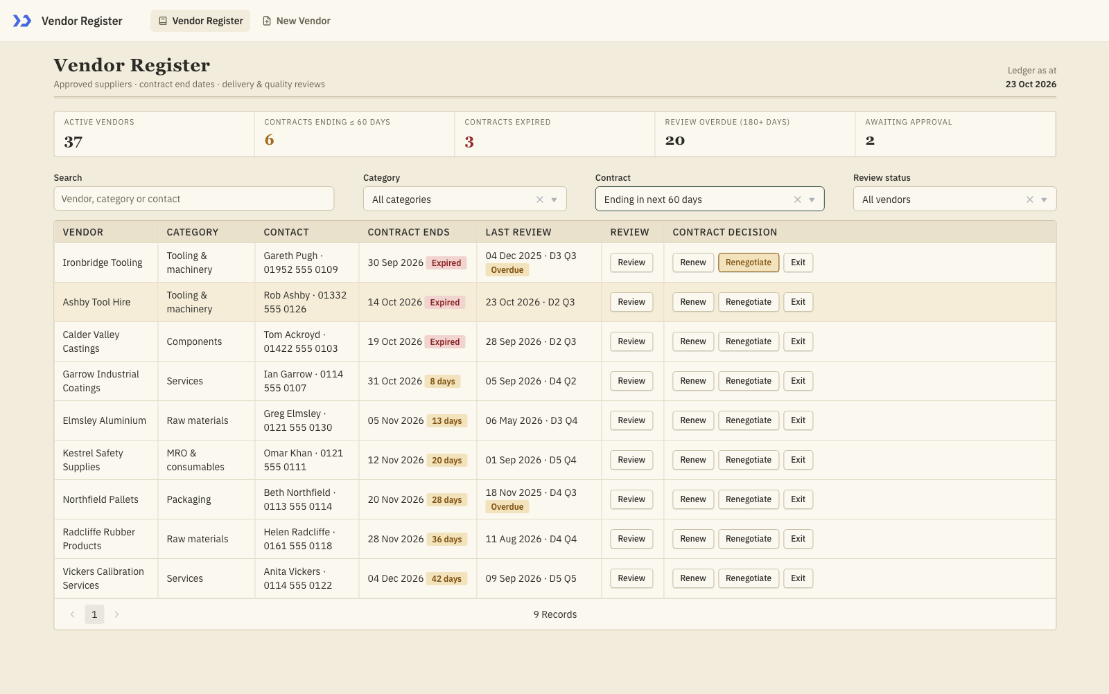 The register filtered to contracts ending in the next 60 days (build a vendor register with Claude Code)