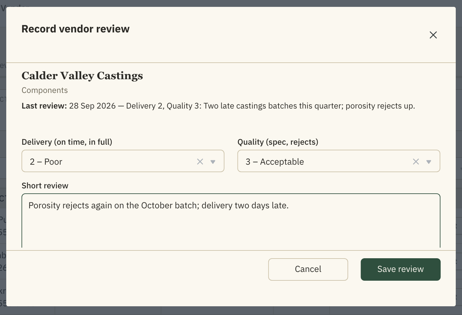 The review modal (build a vendor register with Claude Code)