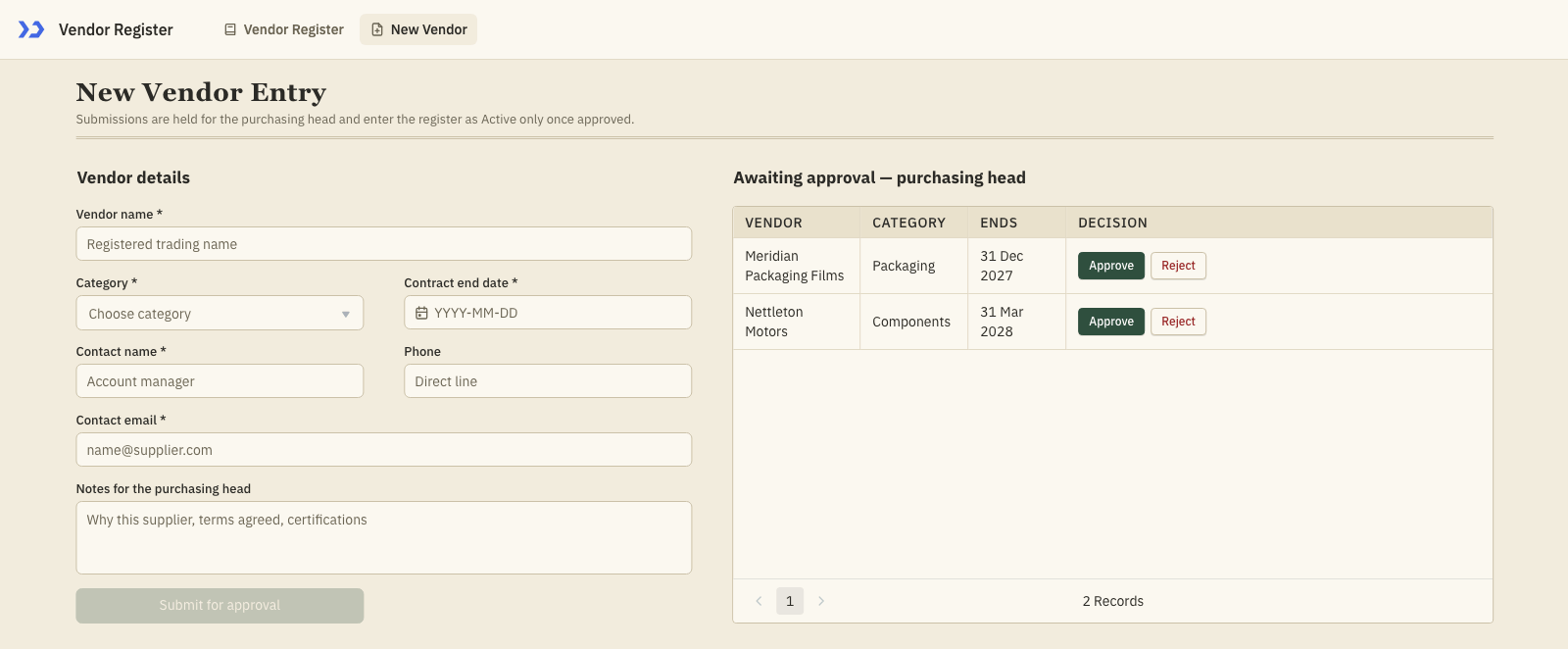 The New Vendor page (build a vendor register with Claude Code)