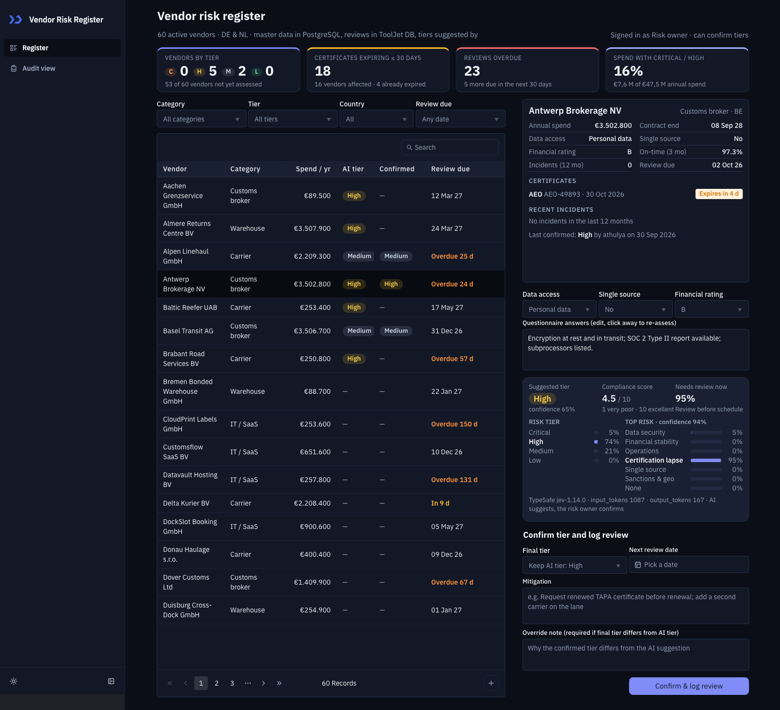 The Register page in dark mode, with the same vendor selected and the (build a vendor risk register with ToolJet MCP)